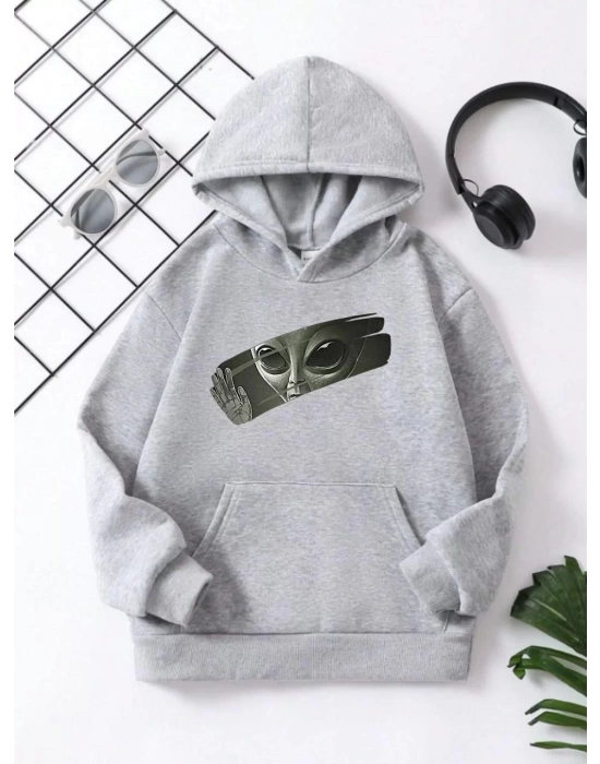 Çocuk Unisex Kapüşonlu Uzaylı Baskılı Pamuklu Sweatshirt - Gri