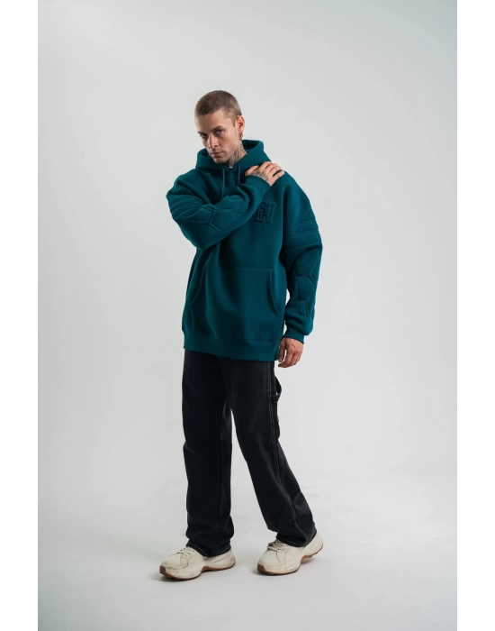 Double Oversize Kapşonlu Nakışlı SweatShirt - Koyu Deniz Yeşili