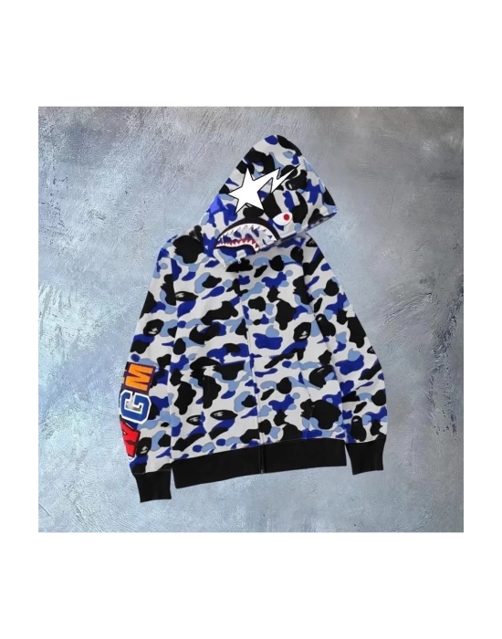 Unisex 2 İplik Bape Kapüşonu Fermuarlı Hırka - Gri