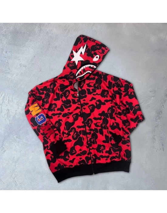 Unisex 2 İplik Bape Kapüşonu Fermuarlı Hırka - Kırmızı