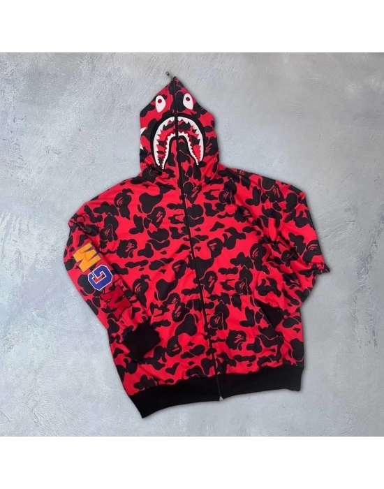 Unisex 2 İplik Bape Kapüşonu Fermuarlı Hırka - Kırmızı