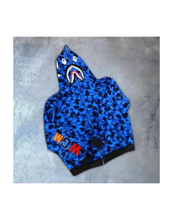 Unisex 2 İplik Bape Kapüşonu Fermuarlı Hırka - Mavi