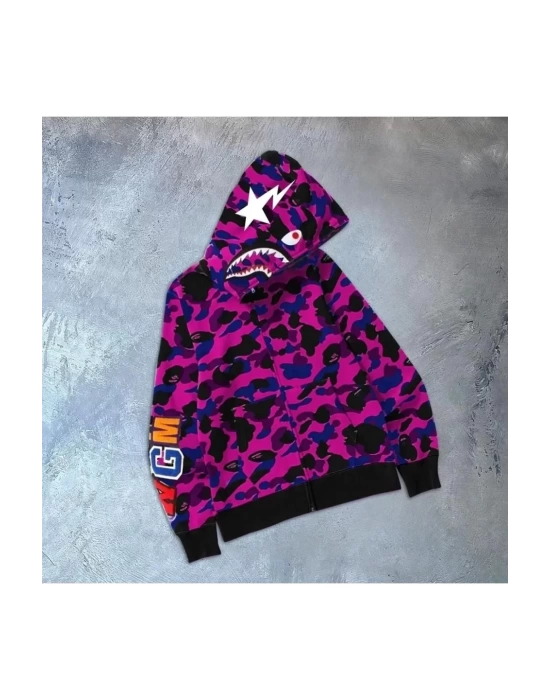 Unisex 2 İplik Bape Kapüşonu Fermuarlı Hırka - Mor