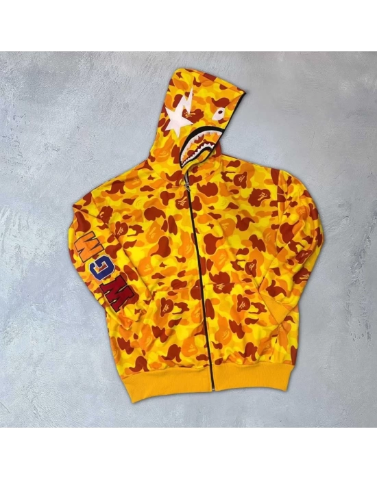 Unisex 2 İplik Bape Kapüşonu Fermuarlı Hırka - Sarı