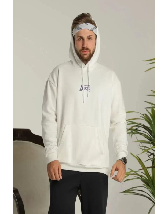 Erkek 24 Sırt Baskılı Ovresize Üç İplik Kapüşonlu Sweatshirt - Beyaz