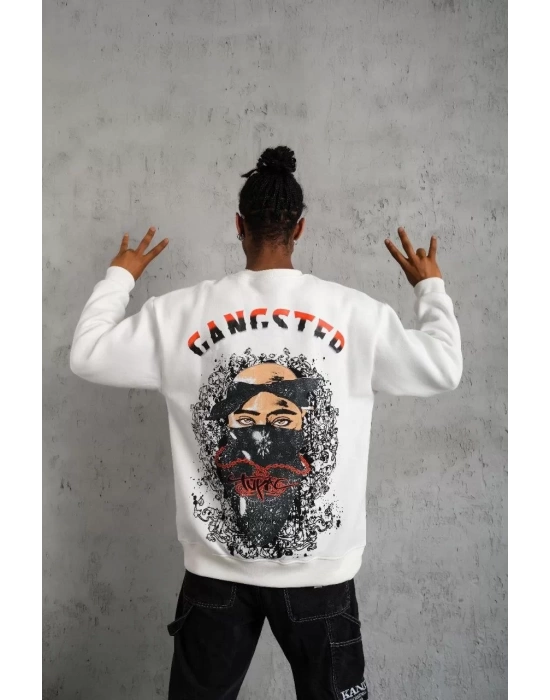 Erkek 3 İplik Gangster Baskılı Sweatshirt - Beyaz