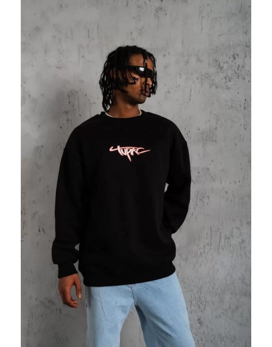 Erkek 3 İplik Gangster Baskılı Sweatshirt - Siyah