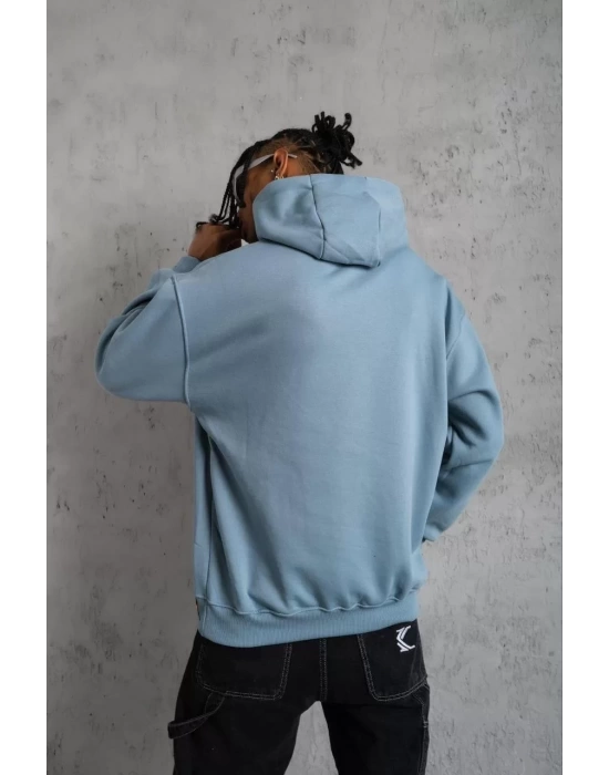 Erkek Armalı Baskılı Kapüşonlu Sweatshirt - Mavi