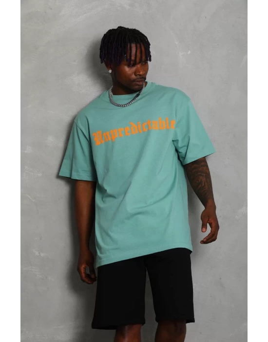 Unisex Oversize Baskılı Bisiklet Yaka T-Shirt - Mint Yeşili