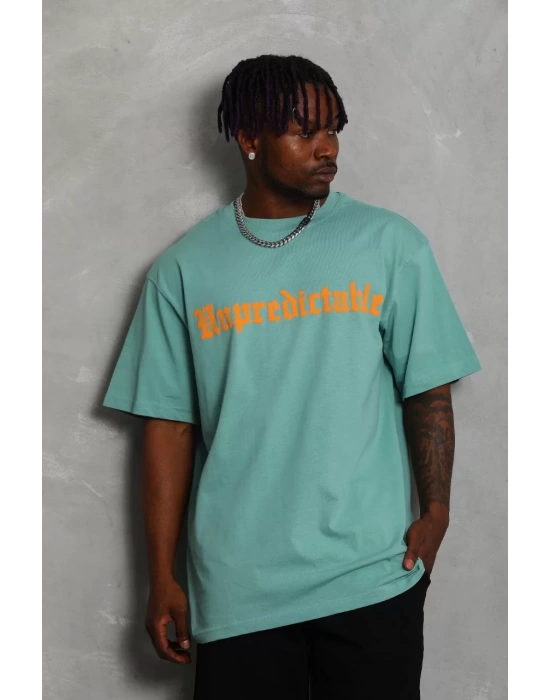 Unisex Oversize Baskılı Bisiklet Yaka T-Shirt - Mint Yeşili