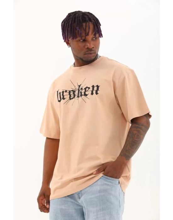 Unisex Oversize Baskılı Bisiklet Yaka T-Shirt - Bej