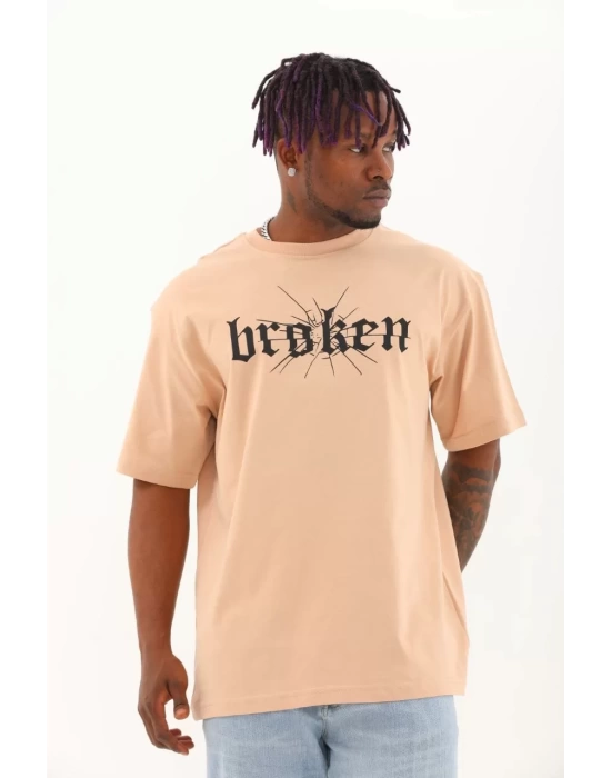 Unisex Oversize Baskılı Bisiklet Yaka T-Shirt - Bej