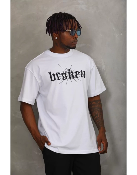 Unisex Oversize Baskılı Bisiklet Yaka T-Shirt - Beyaz