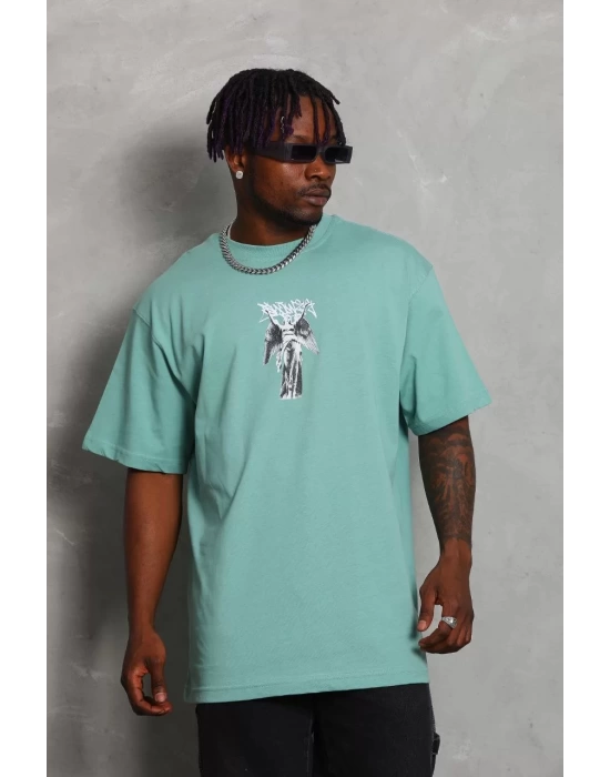 Unisex Oversize Baskılı Bisiklet Yaka T-Shirt - Mint Yeşili