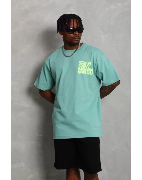 Unisex Oversize Baskılı Bisiklet Yaka T-Shirt - Mint Yeşili