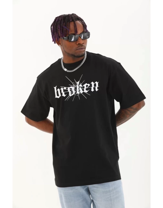 Unisex Oversize Baskılı Bisiklet Yaka T-Shirt - Siyah