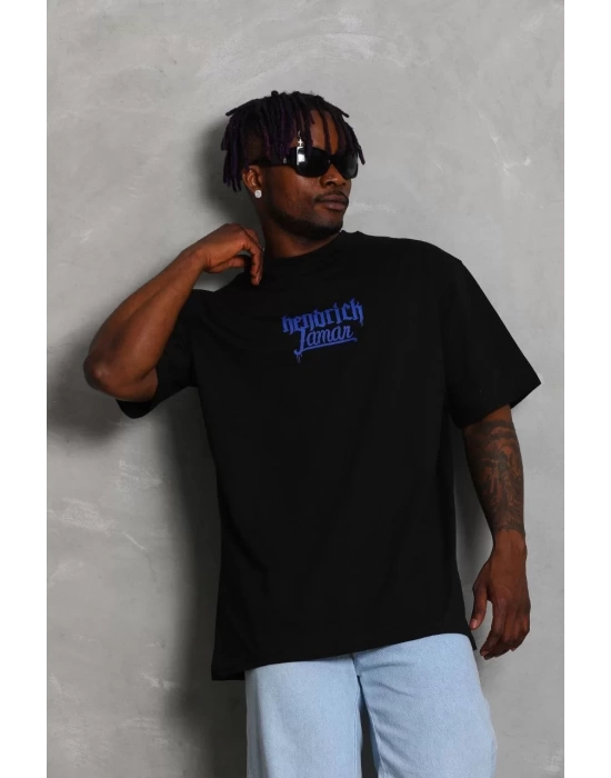 Unisex Oversize Baskılı Bisiklet Yaka T-Shirt - Siyah