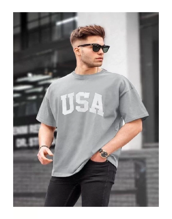 Erkek Baskılı Oversize T-shirt - Gri