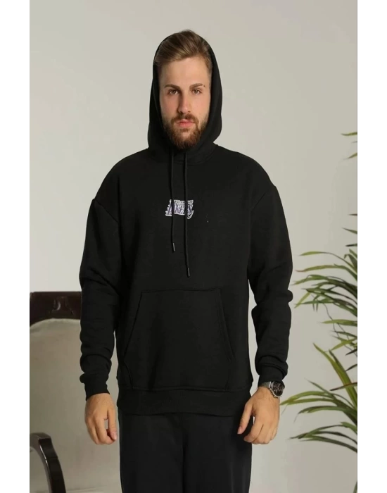 Erkek Baskılı Oversize Üç İplik Kapüşonlu Sweatshirt - Siyah