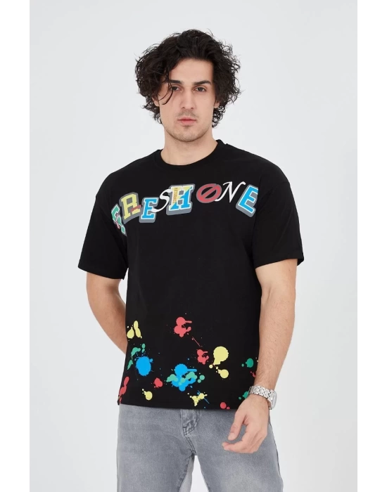 Erkek Baskılı Penye T-Shirt - Siyah