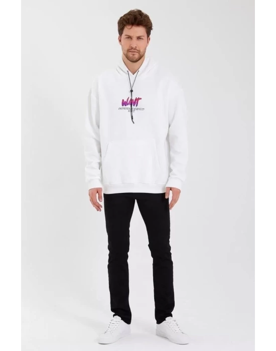 Erkek Baskılı Üç İplik Kapüşonlu Oversize Sweatshirt - Beyaz