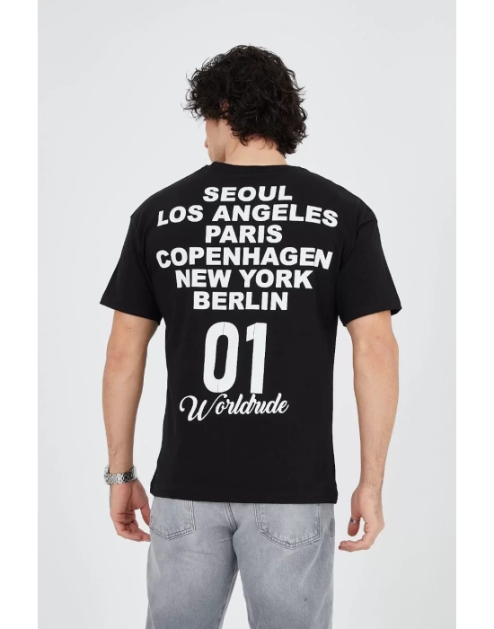 Erkek Bisiklet Yakalı Baskılı T-Shirt - Siyah