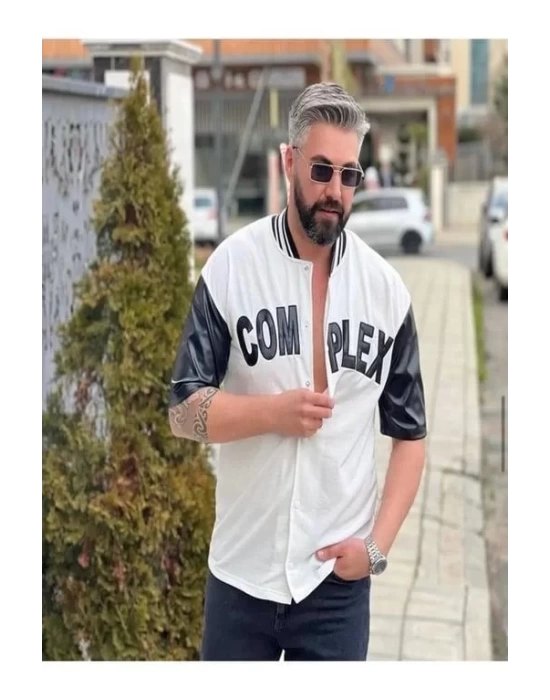 Erkek Complex Kolları Deri Kolej Oversize T-Shirt - Beyaz