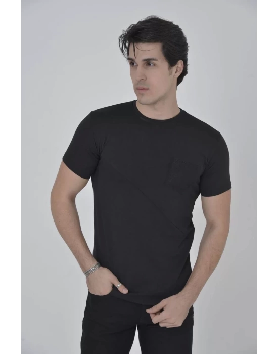 Erkek File Cepli Slim fit T-shirt - Siyah