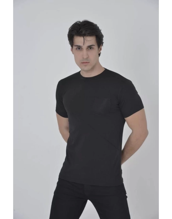 Erkek File Cepli Slim fit T-shirt - Siyah