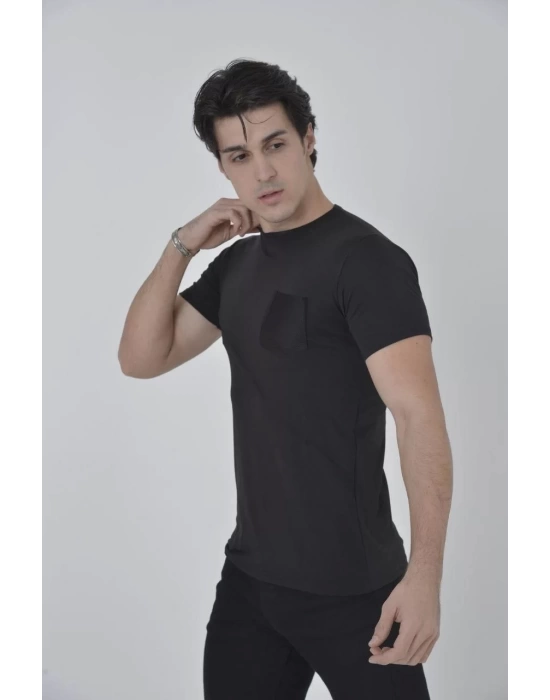 Erkek File Cepli Slim fit T-shirt - Siyah