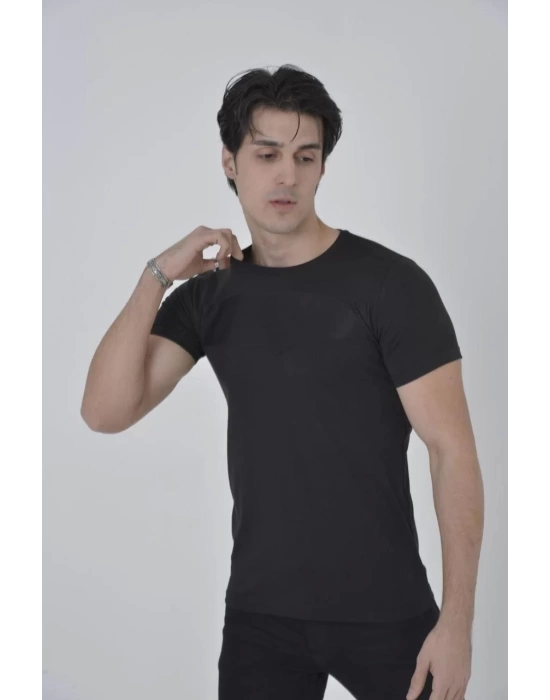 Erkek Gögüs Fileli Slim fit T-shirt - Siyah