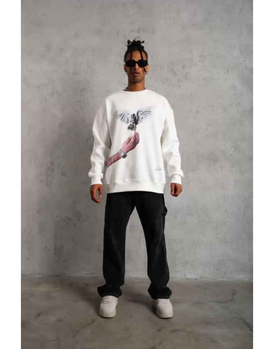 Erkek Güvercin Baskılı Sweatshirt - Beyaz