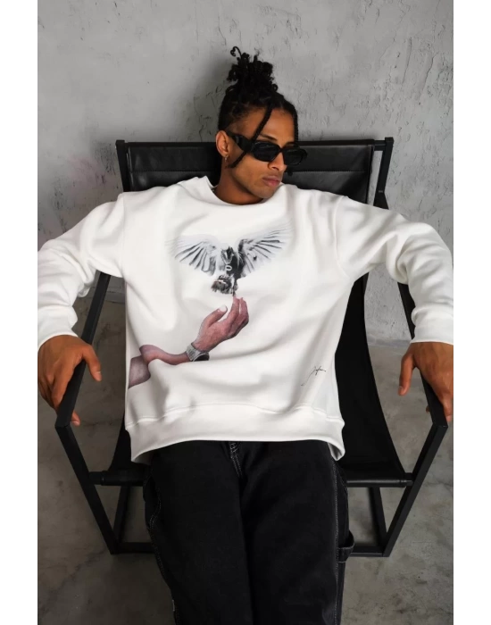 Erkek Güvercin Baskılı Sweatshirt - Beyaz