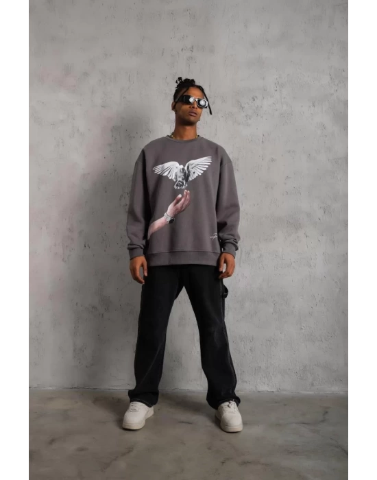 Erkek Güvercin Baskılı Sweatshirt - Gri