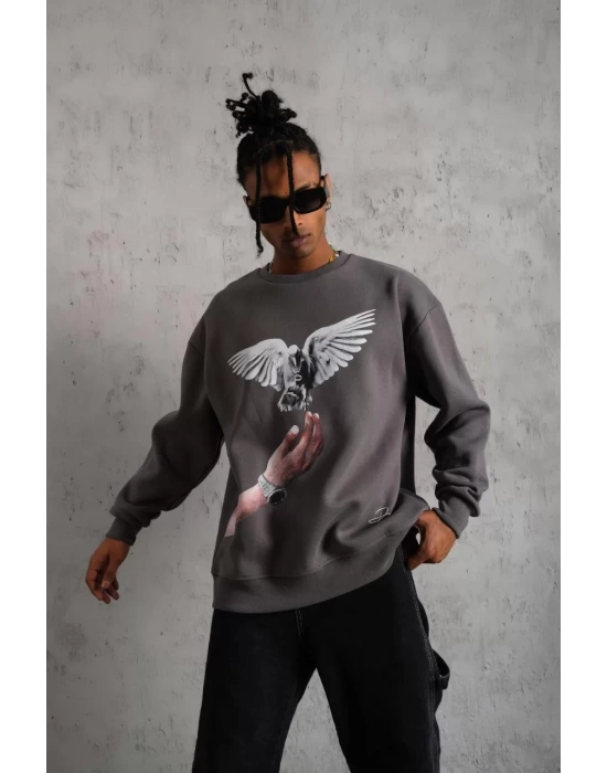 Erkek Güvercin Baskılı Sweatshirt - Gri