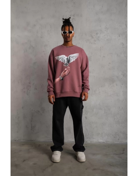 Erkek Güvercin Baskılı Sweatshirt - Gül Kurusu