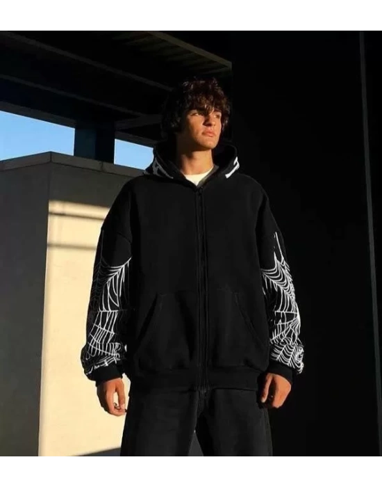 Erkek Kadın Bape Spider Baskılı Oversize Hırka - Siyah