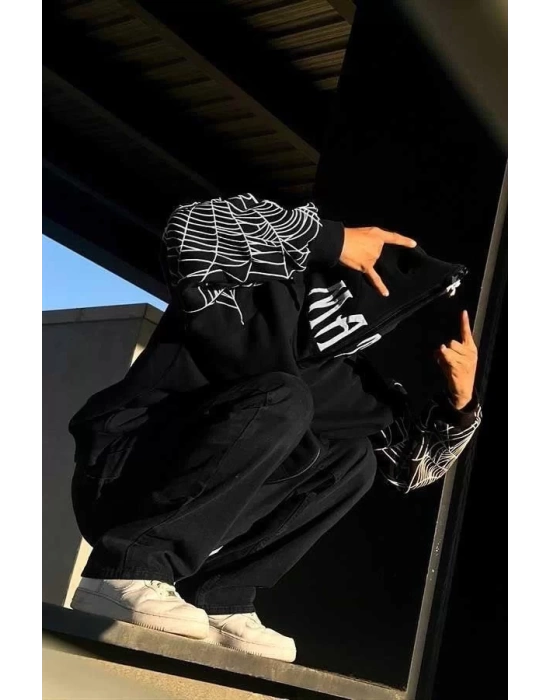 Erkek Kadın Bape Spider Baskılı Oversize Hırka - Siyah