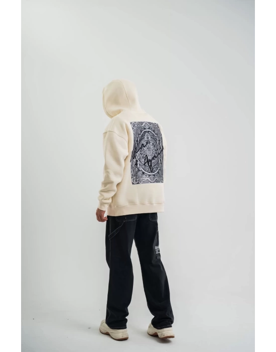 Erkek Kapşonlu Double Oversize Dijital Patchli SweatShirt - Krem