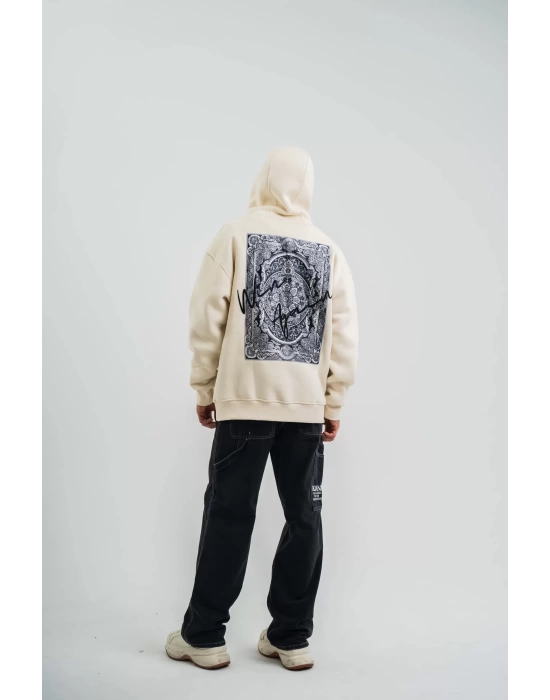 Erkek Kapşonlu Double Oversize Dijital Patchli SweatShirt - Krem