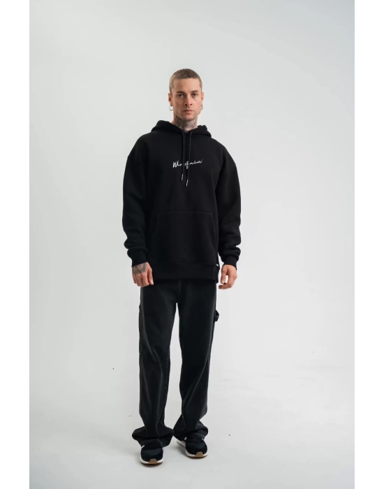 Erkek Kapşonlu Double Oversize Dijital Patchli SweatShirt - Siyah