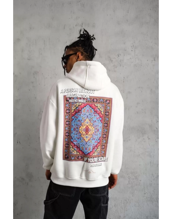 Erkek Kilim Desen Kapüşonlu Sweat- Beyaz