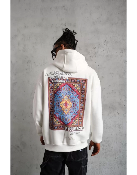 Erkek Kilim Desen Kapüşonlu Sweat- Beyaz