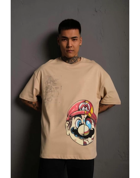 Erkek Mario Baskılı Oversize T-Shirt - Bej