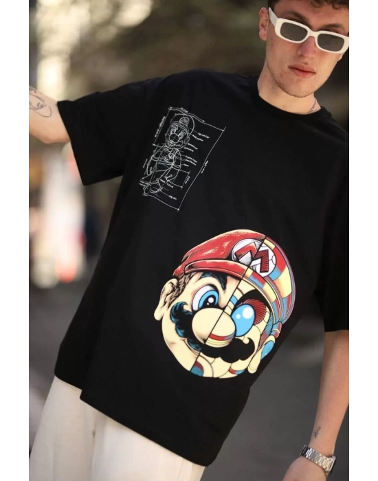 Erkek Mario Baskılı Oversize T-Shirt - Siyah