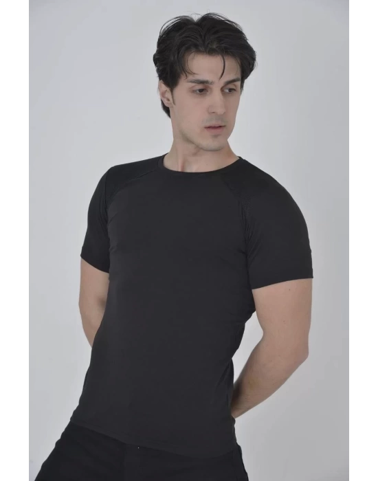 Erkek Omuz Fileli Slim Fit T-shirt - Siyah