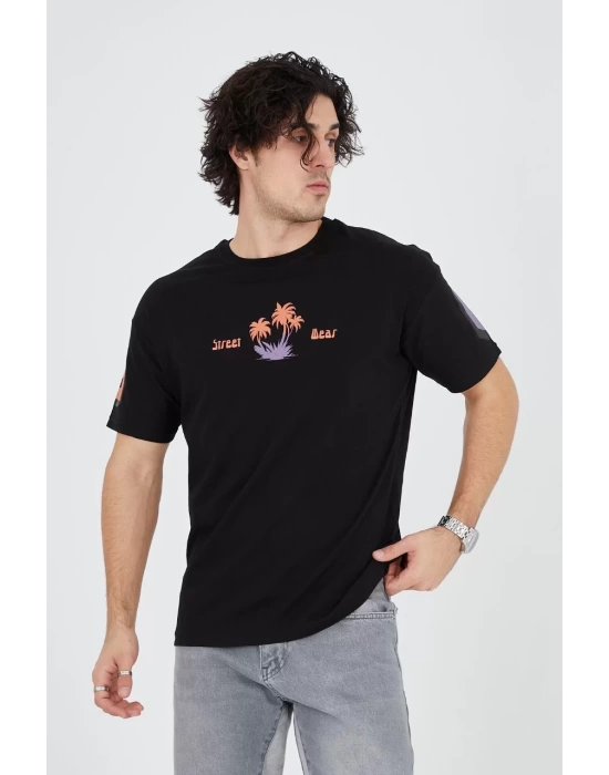 Erkek Ön ve Arka Baskılı T-Shirt - Siyah