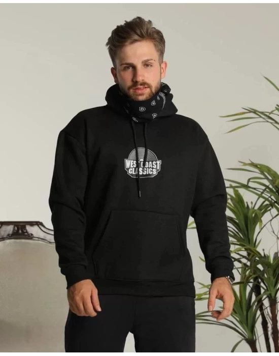 Erkek Sırt Baskılı Kapüşonlu Üç İplik Oversize Sweatshirt - Siyah