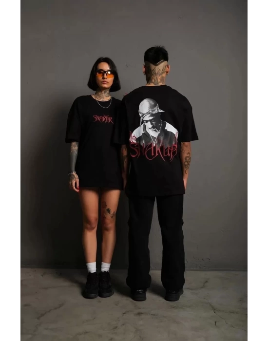 Erkek Sırt Baskılı Oversize T-shirt - Siyah