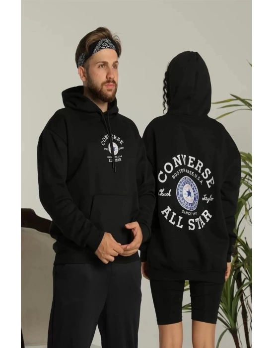 Erkek Sırt Baskılı Oversize Üç İplik Kapüşonlu Hoodie Sweatshirt - Siyah